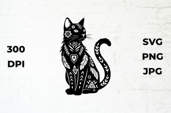 Download Black Cat Silhouette with Boho Patterns - Black cat silhouette Collection